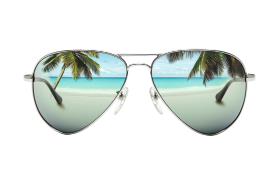 Aviator sunglasses reflecting a tropical beach with palm trees isolated on transparent background. Stylish aviator sunglasses reflecting a tropical beach scene isolated on white background.