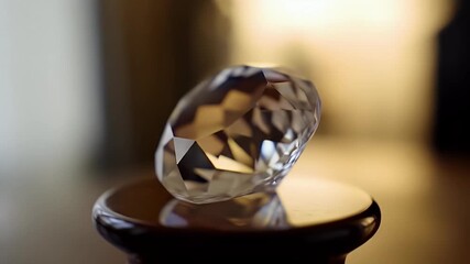 A faceted crystal orb sits atop a dark wooden pedestal, bathed in soft, ambient light. - Powered by Adobe