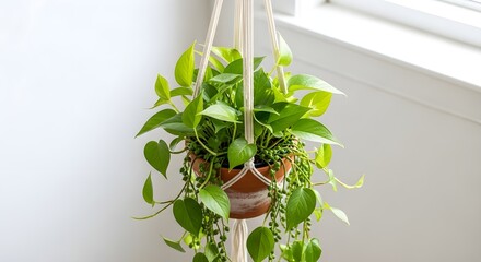 Lush green Pothos and trailing String of Pearls houseplant in a macrame hanger by a sunlit window, enhancing modern home interiors.