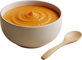 A white bowl filled with creamy orange soup sits next to a wooden spoon isolate smooth puree dish natural