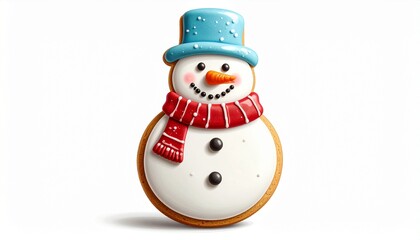 Christmas themed cookie with icing shaped like a snowman, isolated on white background