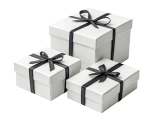Elegant white gift boxes with black ribbons stacked together, perfect for celebrations and special occasions