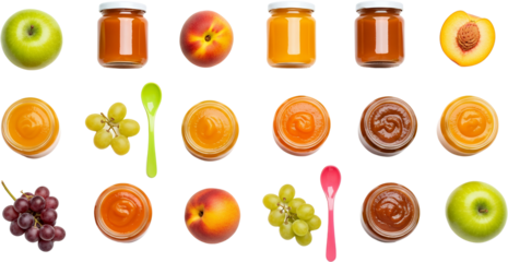 Assortment Of Baby Food Jars Whole Fruits Grape Bunches And Baby Spoons Arranged Against A Transparent Background Transparent Background