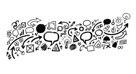 Dynamic collection of hand-drawn icons and symbols representing ideas, communication, and progress, perfect for modern design projects.