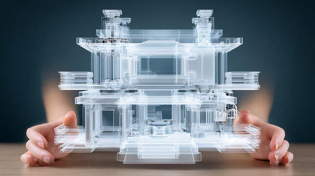 Transparent architectural model held by hands, showcasing multi-level building structure with modern design elements