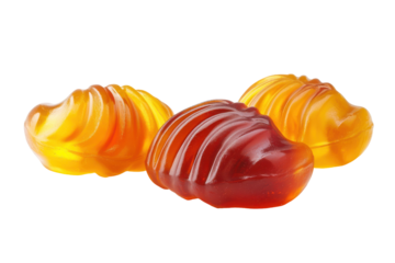 Colorful gummy candies with swirling patterns isolated on transparent background. Tasty gummy jelly bears isolated on white background.