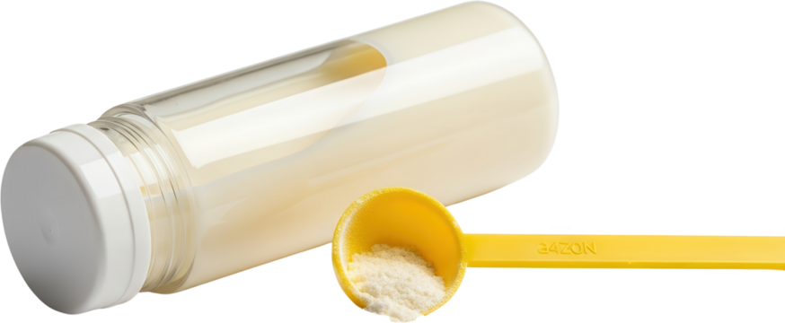 White lidded plastic bottle filled with light yellow liquid next to a yellow scoop with white powder isolate