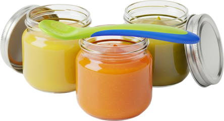 Three glass jars of colorful pureed baby food with a blue and green baby spoon resting on top isolate