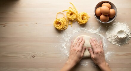 Overhead shot of a person kneading fresh dough on a floured wooden surface with eggs and homemade pasta, showcasing traditional cooking and culinary skills in a warm, inviting setting.