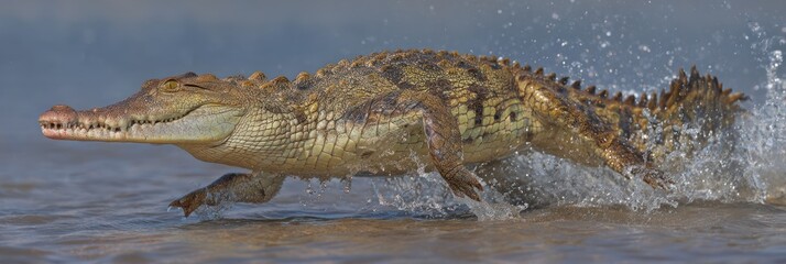 Naklejka premium Crocodile running through water