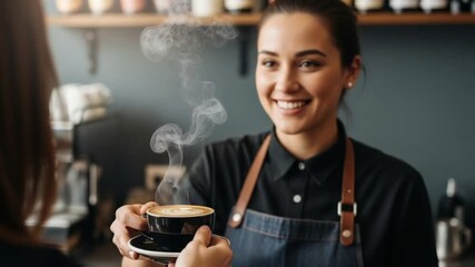 Smiling barista serves a customer a hot latte with latte art in a cafe - Powered by Adobe