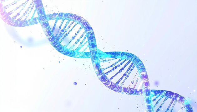 Dynamic 3D render of a futuristic glowing DNA double helix, radiating with vibrant neon blue and purple light, symbolizing genetic research and biotechnological innovation