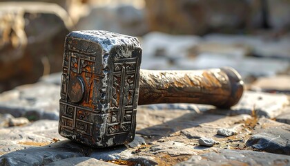Ornate metal hammer on stones