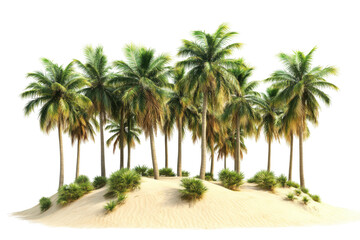Tropical island with palm trees and sand dunes isolated on transparent background. Tropical oasis with lush palm trees on sandy dune isolated on white background.