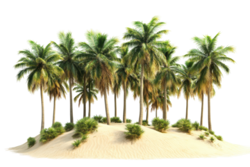 Tropical island with palm trees and sand dunes isolated on transparent background. Tropical oasis with lush palm trees on sandy dune isolated on white background.