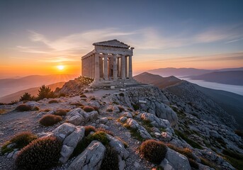 Naklejka premium Ancient temple nestled atop mountainous terrain at dawn, breathtaking view