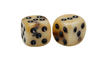 White dice with black pips showing numbers isolated on transparent background. Two dices with black dots isolated on white background.