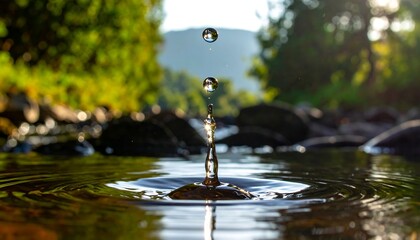 Water droplet impacting calm water, creating ripples and a central column