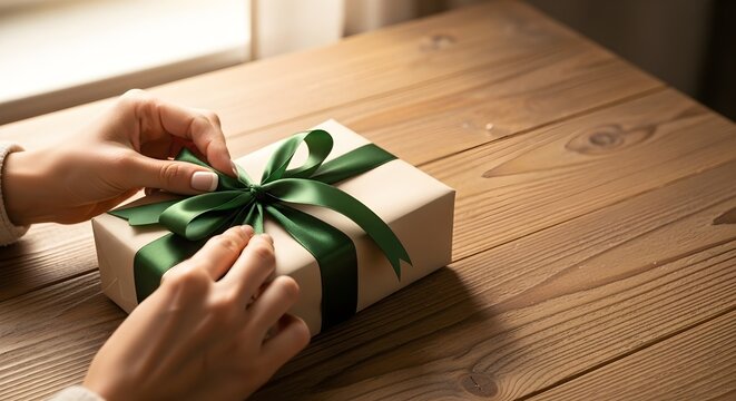 A person's hands tying a festive green ribbon around a gift box on a wooden table, preparing for a celebration.