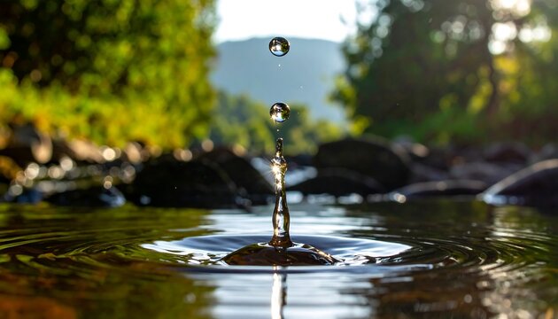 Water droplet impacting calm water, creating ripples and a central column