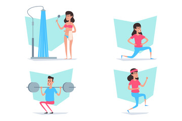 Collection of different fitness activities and personal care routines. Individuals exercising, showering, and focusing on wellness practices in bright, cheerful setting