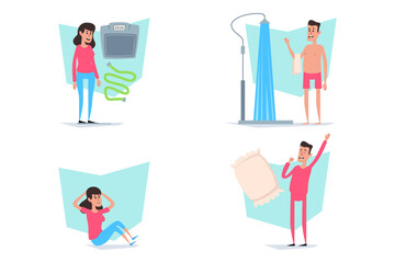 Collection of various health activities. Woman practicing exercise, man showering, another woman doing core workouts, and man enjoying relaxation at home