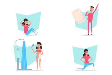 Set of various activities promoting healthy lifestyle. Individuals exercising, sleeping, showering, and stretching in playful and energetic manner. Wellness and joy concept