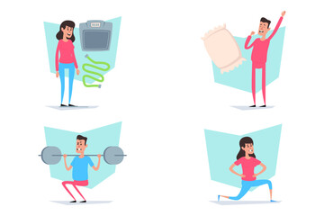 People engaged in various wellness activities, including exercise with weights, sleep routines, and using health equipment to promote balanced and healthy lifestyle
