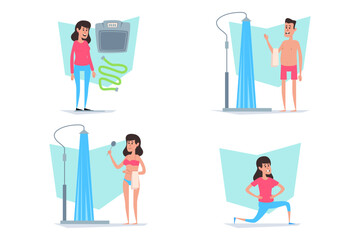 Fototapeta premium Collection of wellness activities showing individuals engaging in health improvement techniques. Various exercises and treatments highlighting focus on physical fitness and well-being