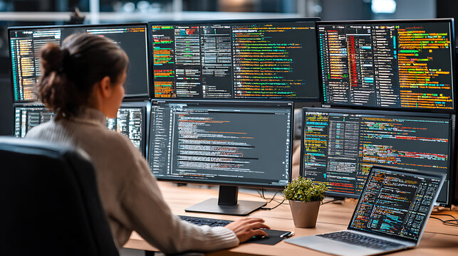 A person working at a desk with multiple computer monitors displaying lines of code and data.