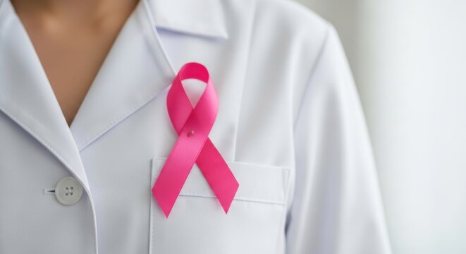 Closeup of a medical professional wearing a pink ribbon