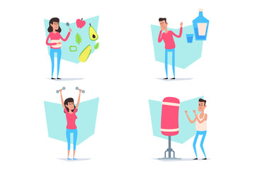 Colorful collection of various people engaging in healthy activities. One person preparing food, while another exercising and two focusing on fitness and nutrition. Healthy living concept