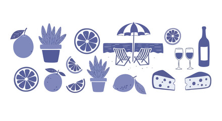 Enjoying a delightful summer picnic with refreshing drinks, cheese, and citrus fruits on a sunny beach by the serene ocean