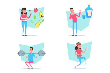 Collection of various activities promoting healthy lifestyle. Individuals engaging in fitness, nutrition, and hydration in vibrant, lively setting