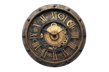 Ornate steampunk clock face with visible gears isolated on transparent background. Vintage steampunk clock with exposed gears and roman numerals isolated on white background.