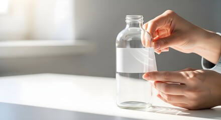 Person's hands carefully peeling a customizable blank white label from a clear glass bottle on a bright white table, emphasizing eco-friendly practices.