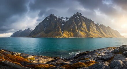 Golden sun dips behind a serene mountain valley, casting an orange glow across a calm lake
