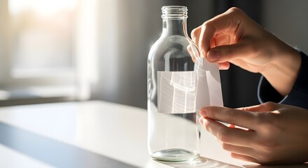 Person applying a blank label to a clear glass bottle on a bright table, showcasing branding, customization, or product information concepts for marketing and design purposes.