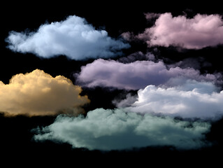 Colored cloud formation with soft texture floating on black background, creating dreamy and surreal atmosphere