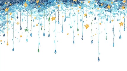 Minimalist enchanted night: cartoon star trailing blue raindrops on white, line art for nursery decor, kids book or digital wallpaper.