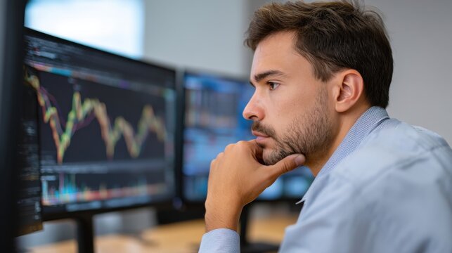 Brazilian stockbroker assessing financial analytics on a screen, analyzing risk factors in stock market trades.
