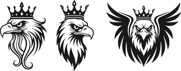 Set of regal crowned eagle head illustrations with wings, powerful raptor symbols, perfect for heraldry, logos, tattoos, and premium graphic designs