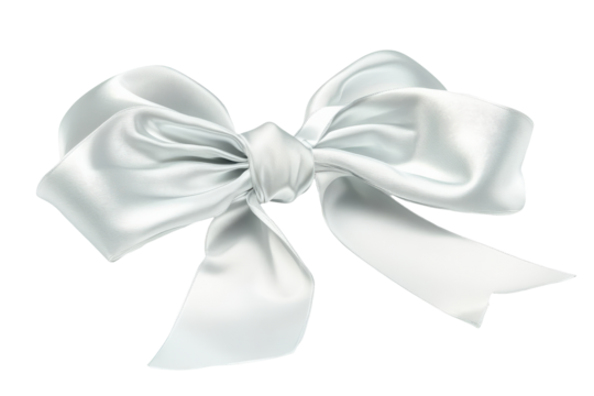 Elegant white satin ribbon bow isolated on transparent background. White silver ribbon and bow isolated on white background.