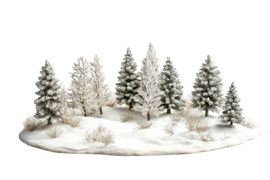 Miniature snowy forest scene with frosted trees isolated on transparent background. White snow landscape isolated on white background.