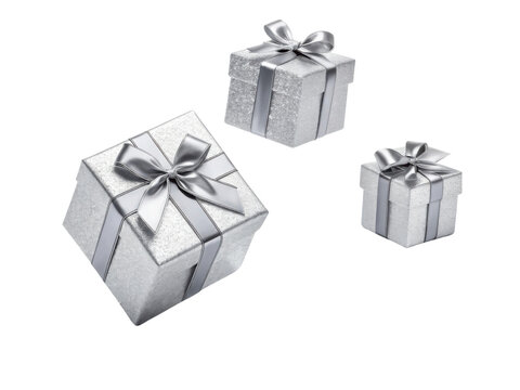 Elegant silver gift boxes with shiny ribbons create festive atmosphere, perfect for celebrations and special occasions