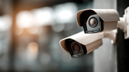 A close-up of two security cameras mounted on a pole, capturing a sense of surveillance and safety. The background is blurred with a bright, sunny bokeh effect.