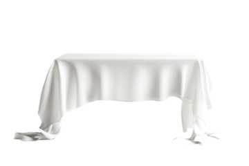 Elegant white draped table isolated on transparent background. White tablecloth draped over a dining table isolated on white background.