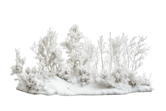 Miniature snowy forest scene with frosted trees isolated on transparent background. White snow landscape isolated on white background. - Powered by Adobe