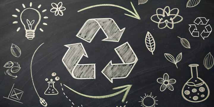 Recycling symbol drawn blackboard surrounded by eco friendly icons and arrows promoting environmental awareness - Powered by Adobe