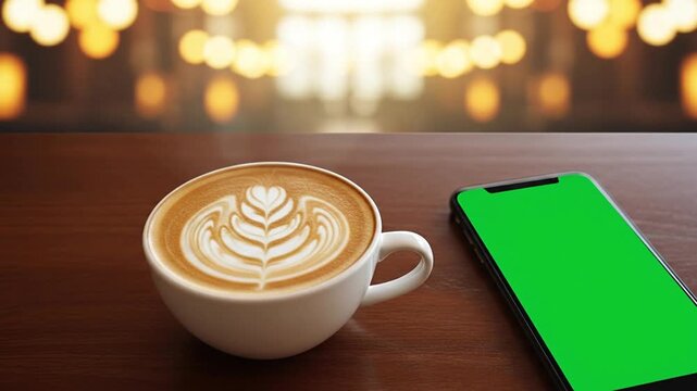 A warm cup of coffee with latte art sits next to a smartphone with a green screen on a wooden table, blurred background lights